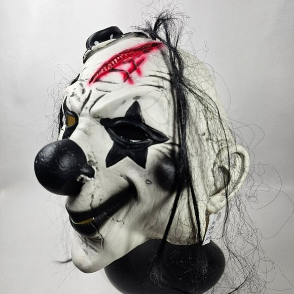 Killer Clown w/ Small Hat Stringy Hair Rubber Halloween Mask Scary Adult NEW - Picture 2 of 8